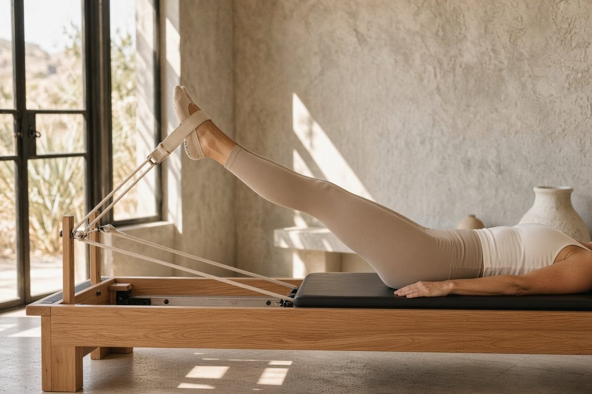Feet in straps on the reformer, in late-afternoon light